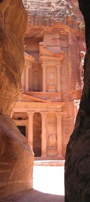 The Treasury monument in Petra is located at the end of a long passage through a crack in the rock. It is the most famous spot in Petra. Photo by Silvija Seres, 2002. Used with permission.