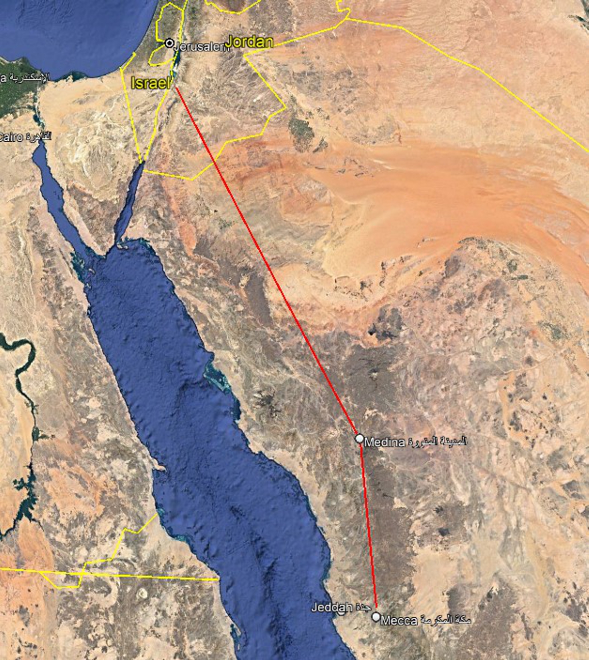 Red line from Medina north towards Petra & Jerusalem, and a red line south of Medina towards Mecca.